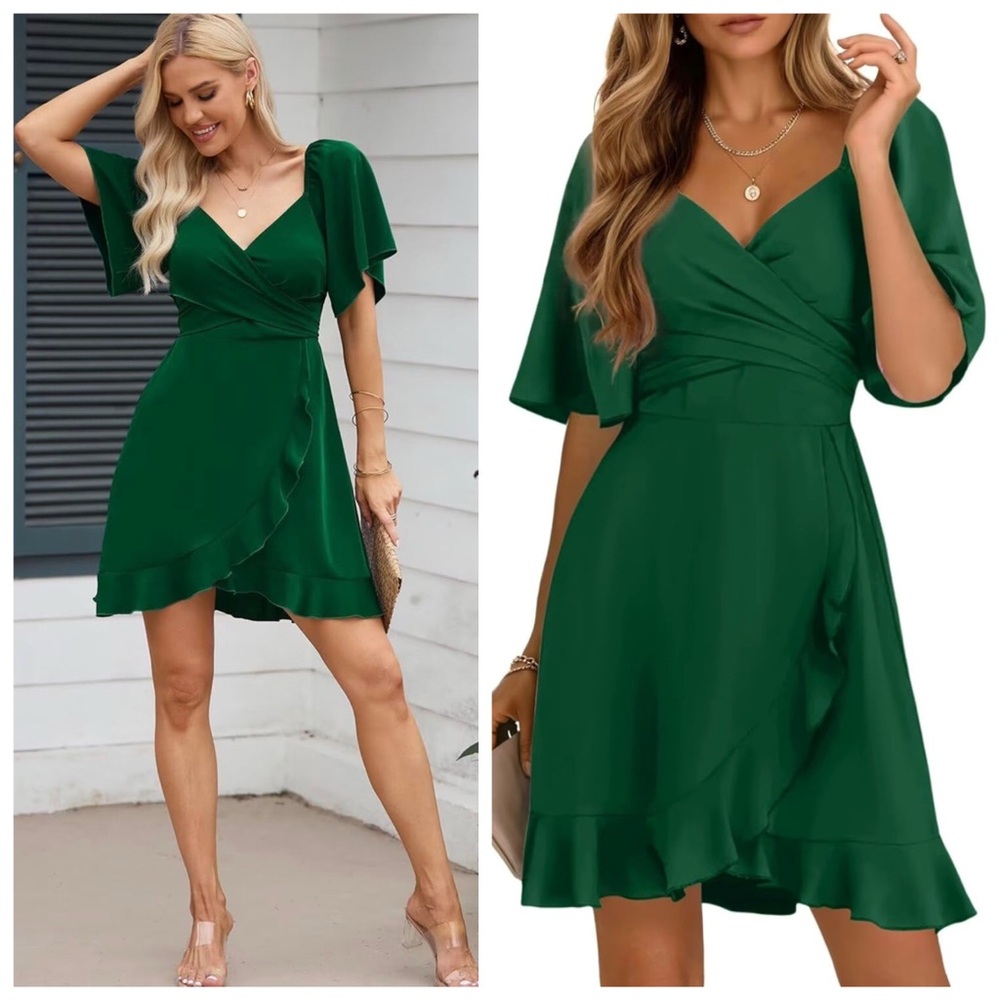 NWT Dokotoo Green V Wrap Tie Ruffle Short Flutter Sleeve Cocktail Mini Dress L - Picture 13 of 14